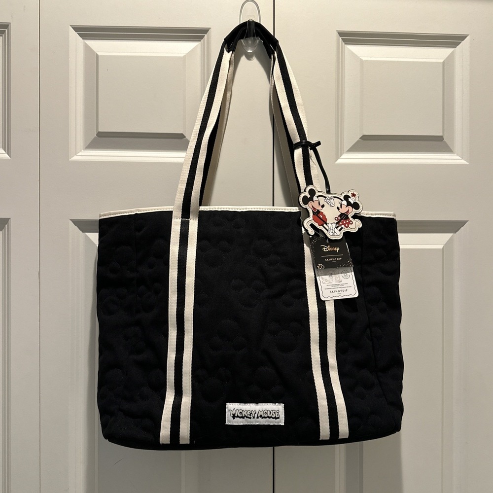 Disney X Skinny Dip London Quilted Black Canvas Tote Large Mickey Head Stiching
